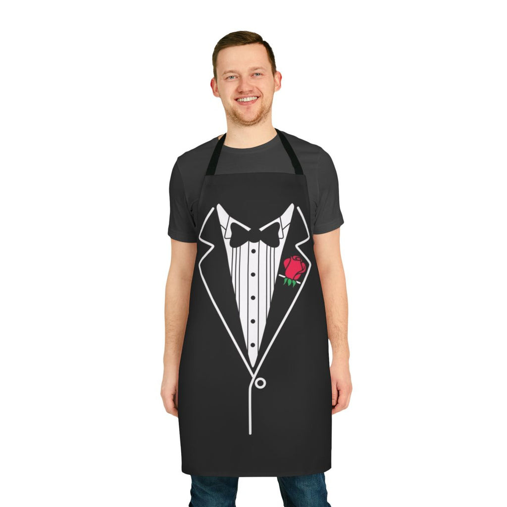 A black and white tuxedo-themed apron with a rose design, suitable for formal or costume events.