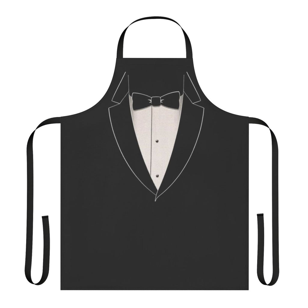 Model wearing a high-quality black and white tuxedo-style apron