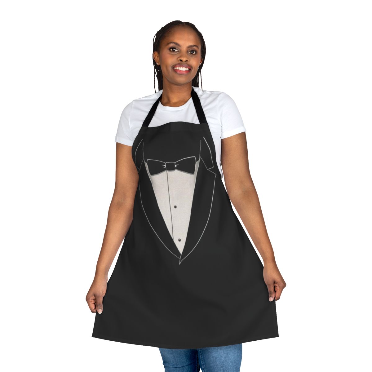 Model wearing a high-quality black and white tuxedo-style apron