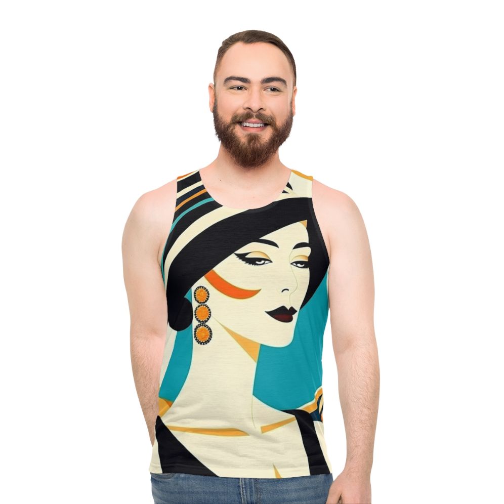 Elegant Veronica unisex tank top with 1920s-inspired geometric design