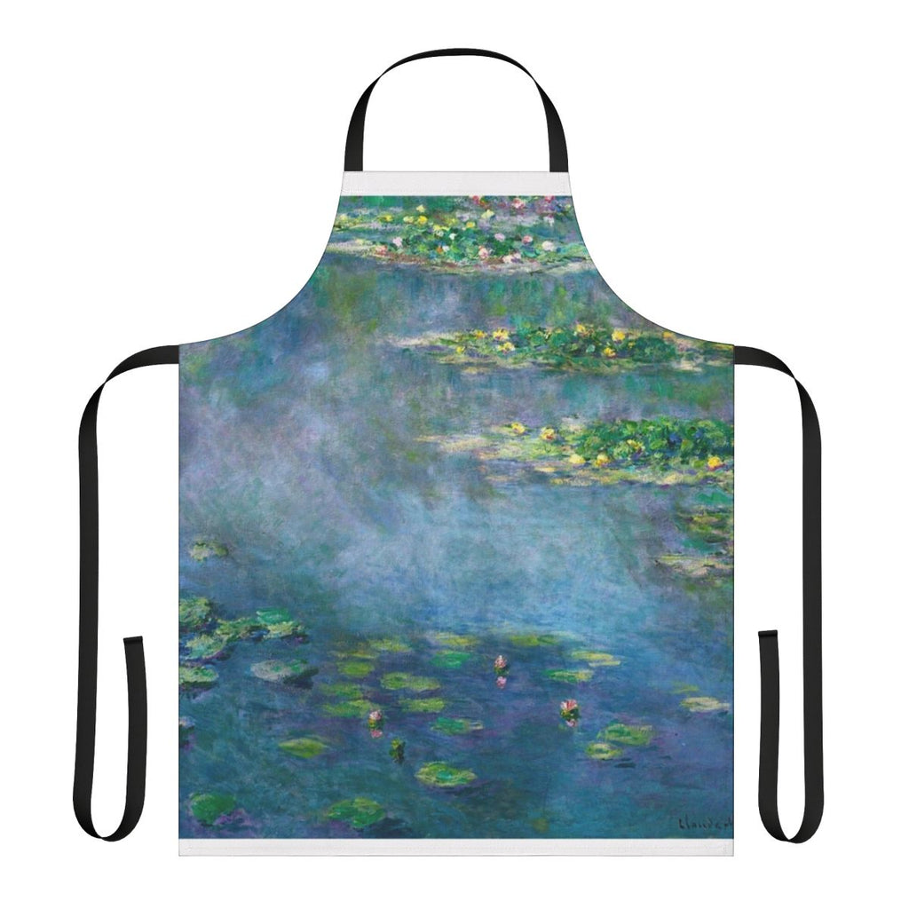 Apron featuring a vibrant water lily design inspired by the famous paintings of Claude Monet.