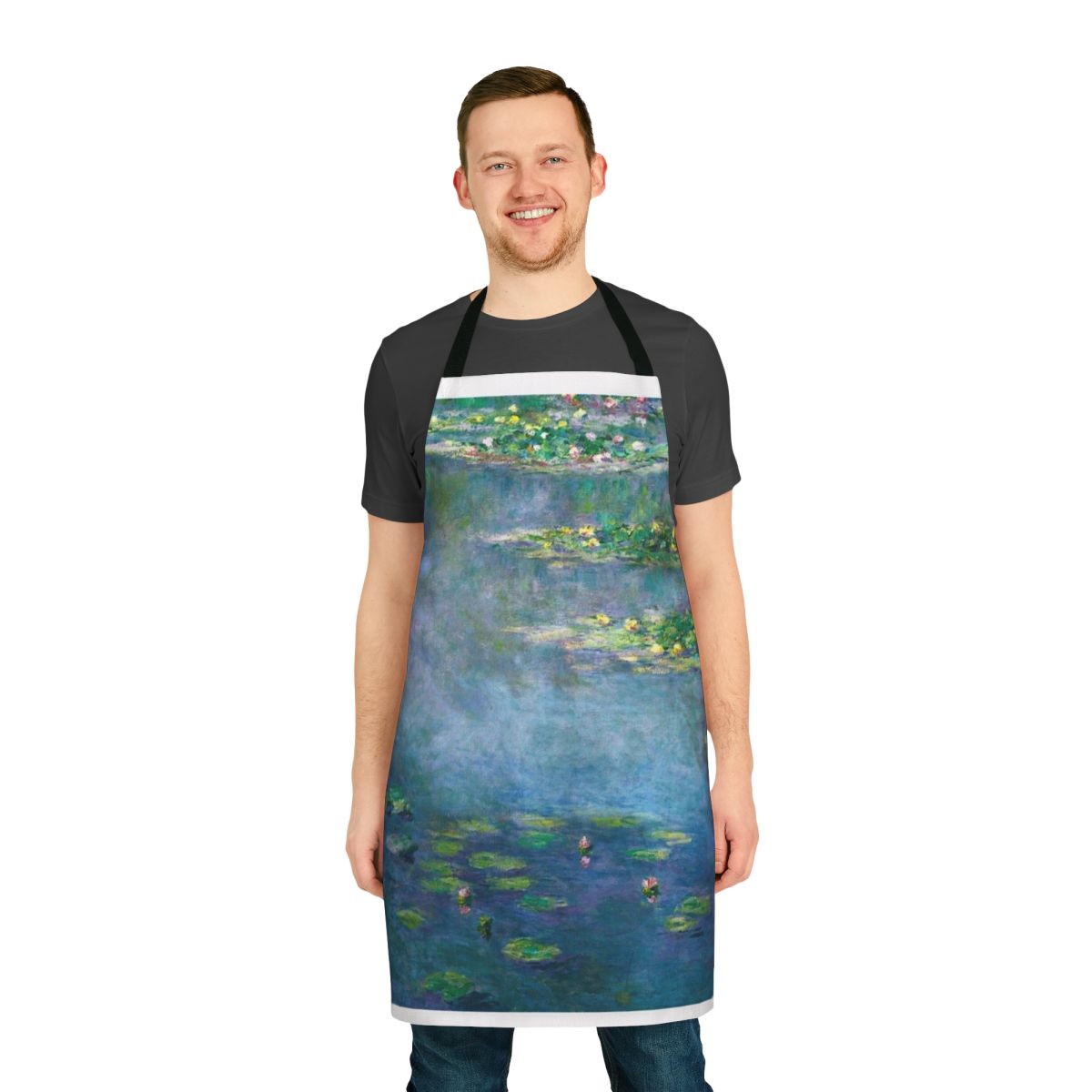 Apron featuring a vibrant water lily design inspired by the famous paintings of Claude Monet.