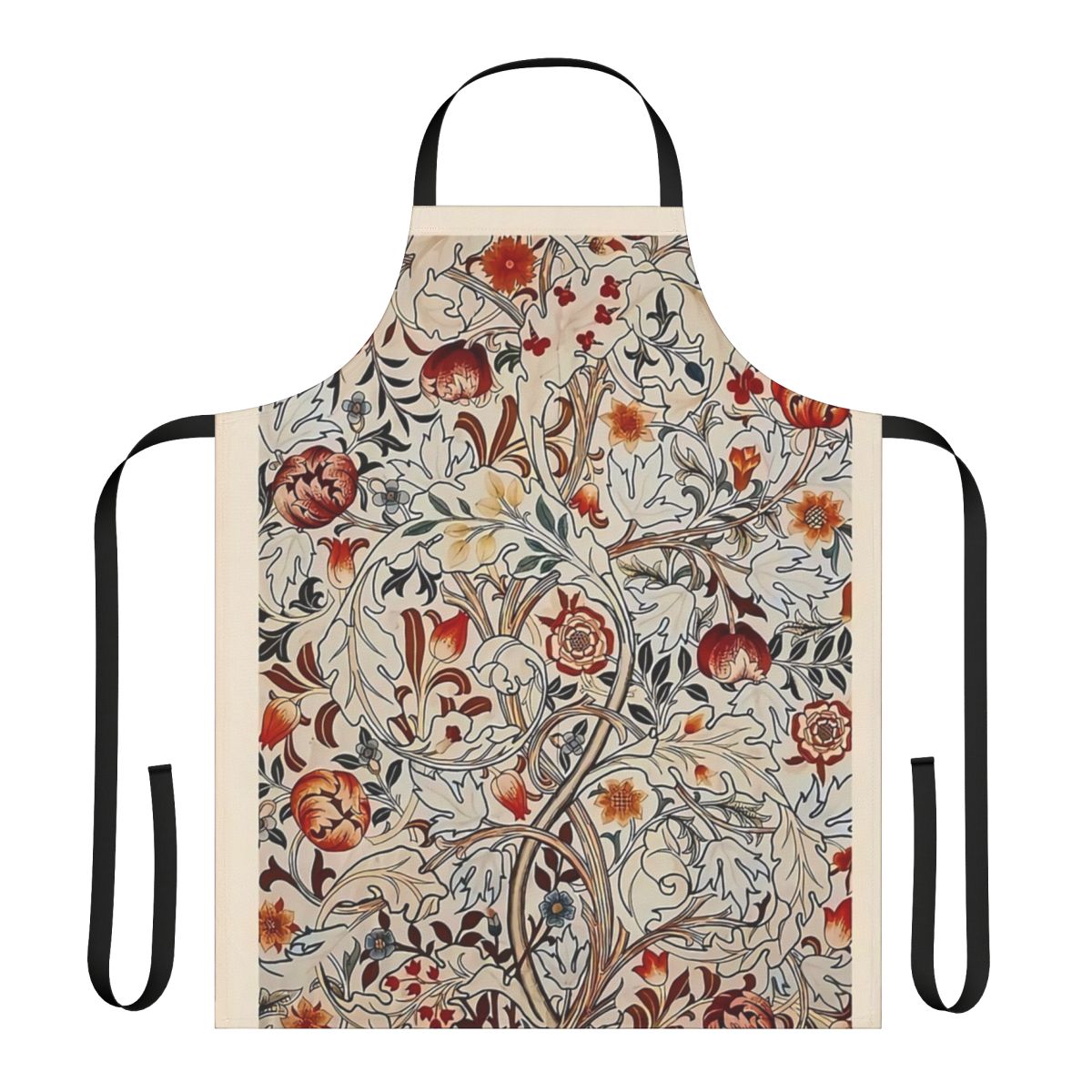A vibrant red apron featuring a beautiful floral pattern in the iconic William Morris style.