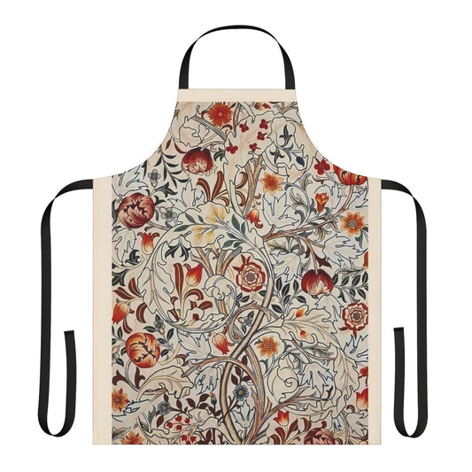 A vibrant red apron featuring a beautiful floral pattern in the iconic William Morris style.