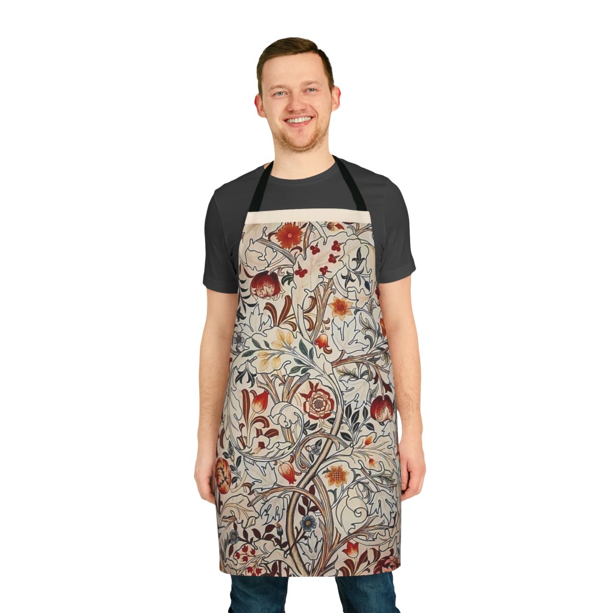A vibrant red apron featuring a beautiful floral pattern in the iconic William Morris style.