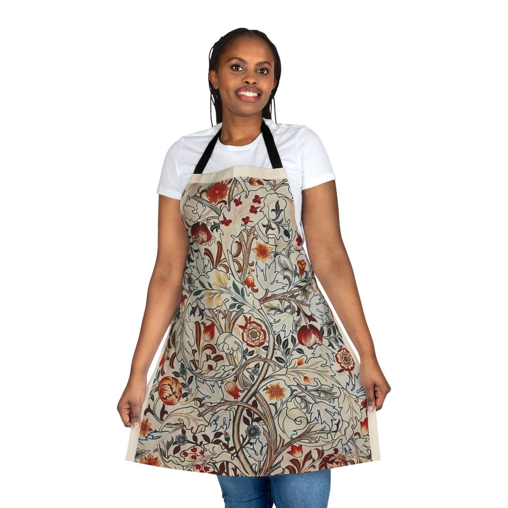 A vibrant red apron featuring a beautiful floral pattern in the iconic William Morris style.