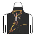 Model wearing a black and white apron with a Zatanna-inspired design, standing in a magical pose.