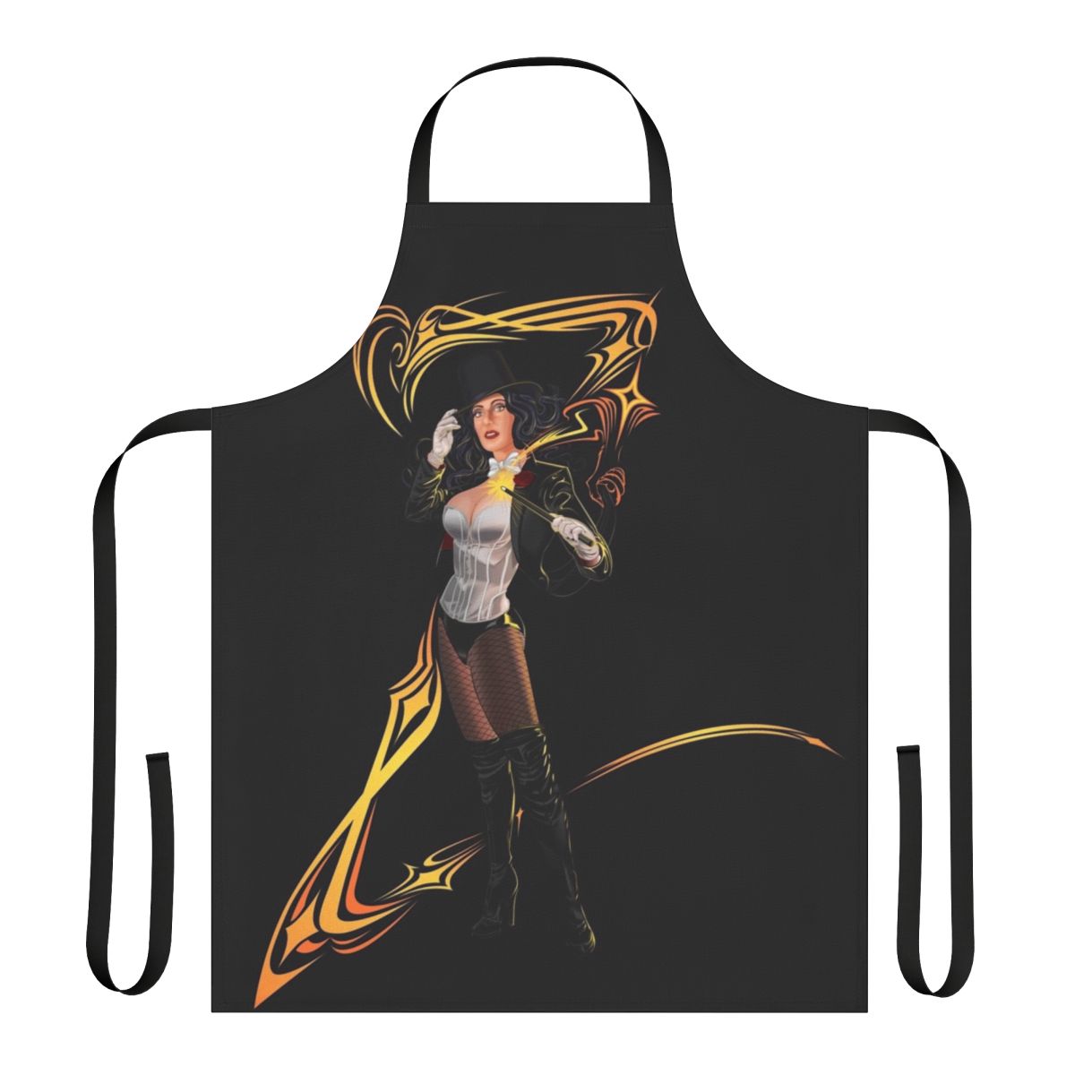 Model wearing a black and white apron with a Zatanna-inspired design, standing in a magical pose.