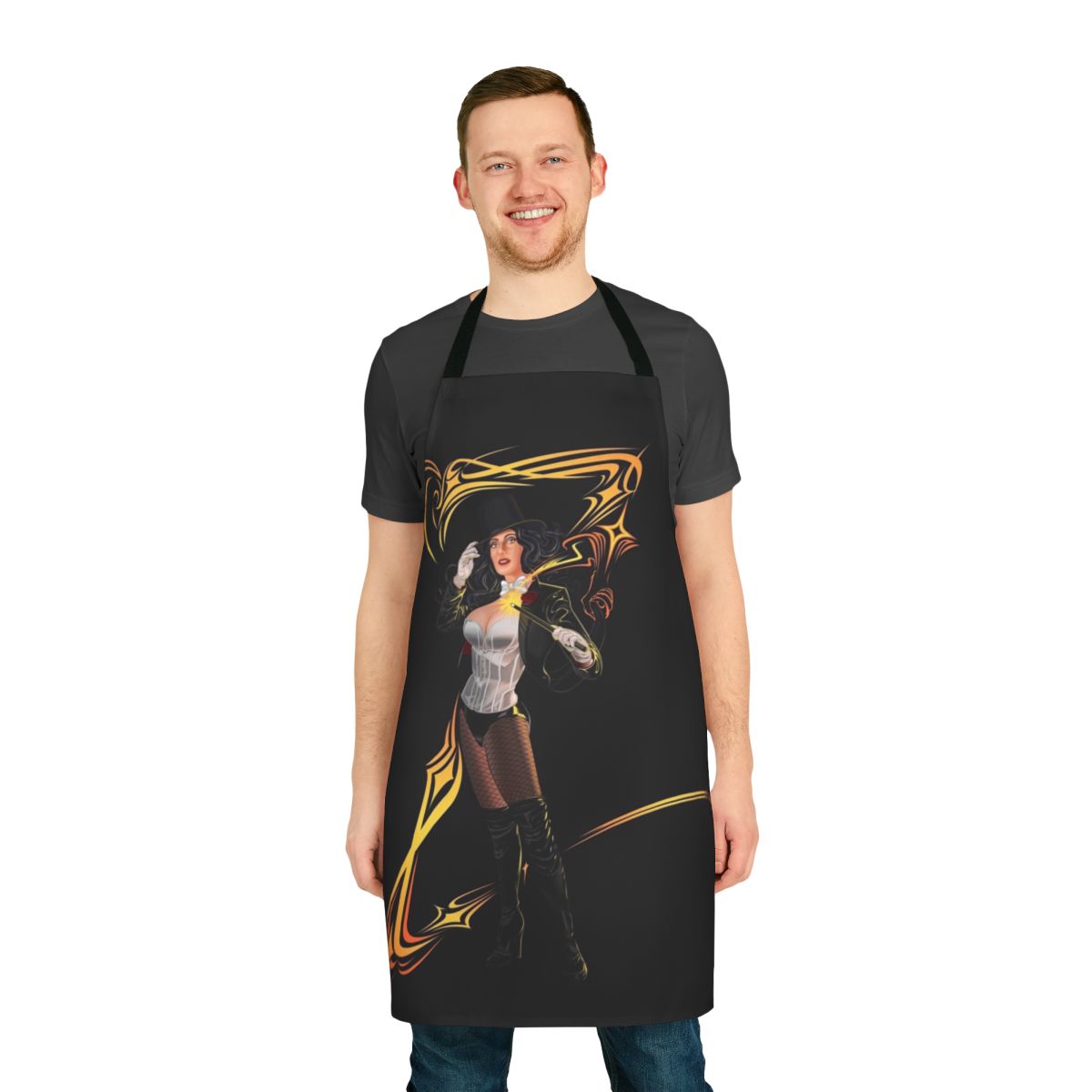 Model wearing a black and white apron with a Zatanna-inspired design, standing in a magical pose.