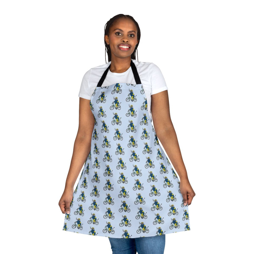Elephant wearing a bicycle and cycling themed apron