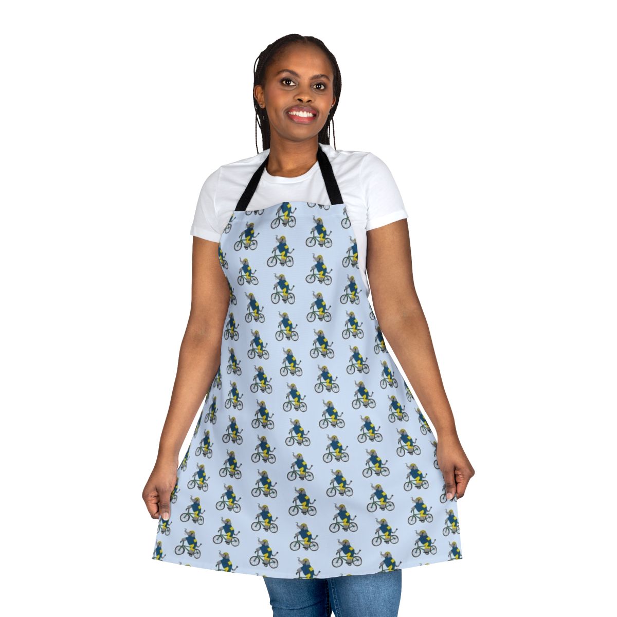 Elephant wearing a bicycle and cycling themed apron