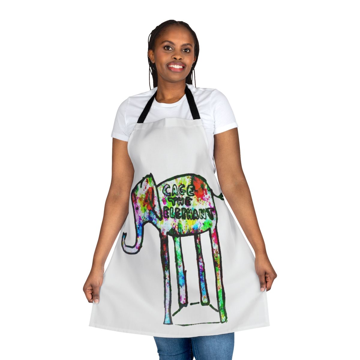 Elephant-themed apron featuring a concert or live music design