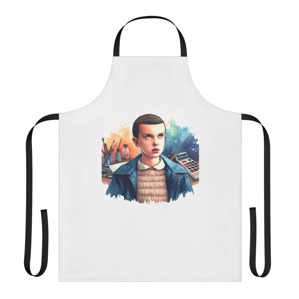 Eleven-themed apron with the Stranger Things logo and character design