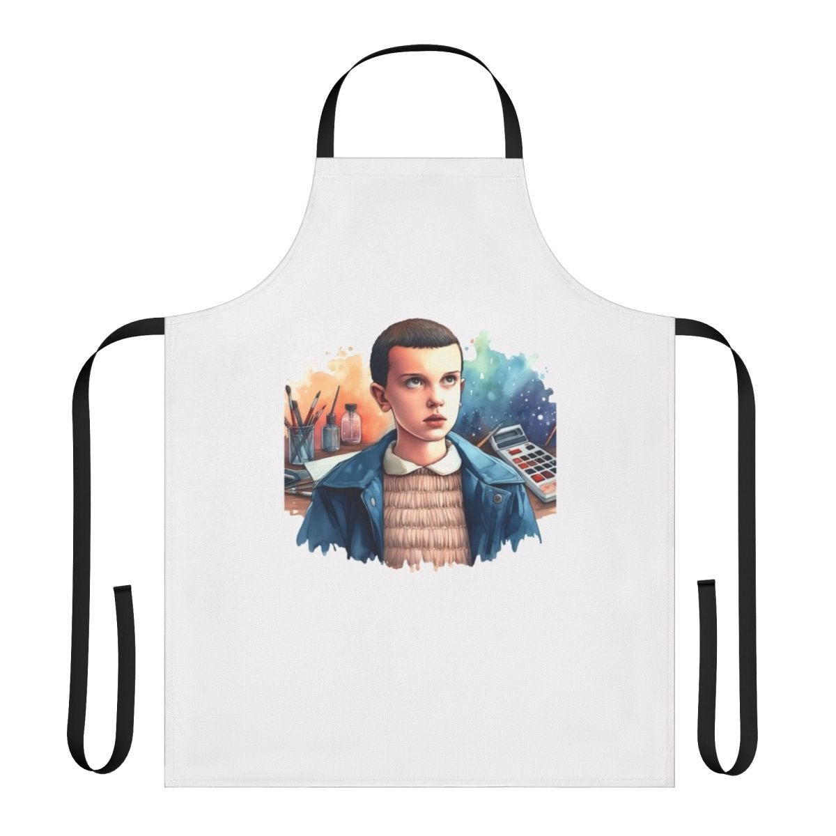 Eleven-themed apron with the Stranger Things logo and character design