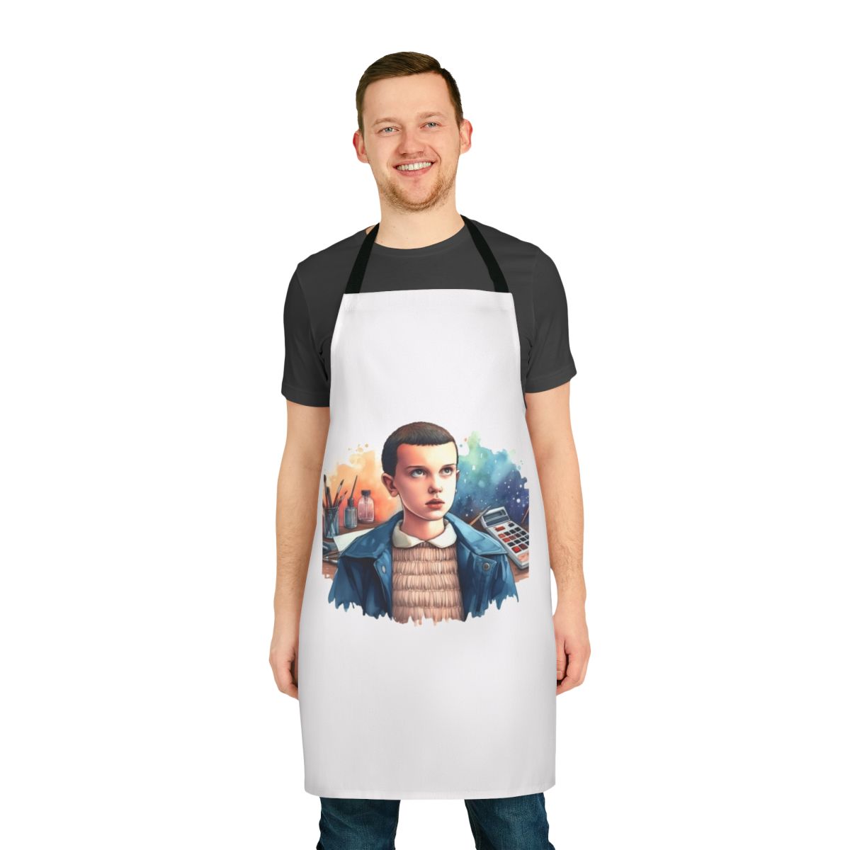 Eleven-themed apron with the Stranger Things logo and character design
