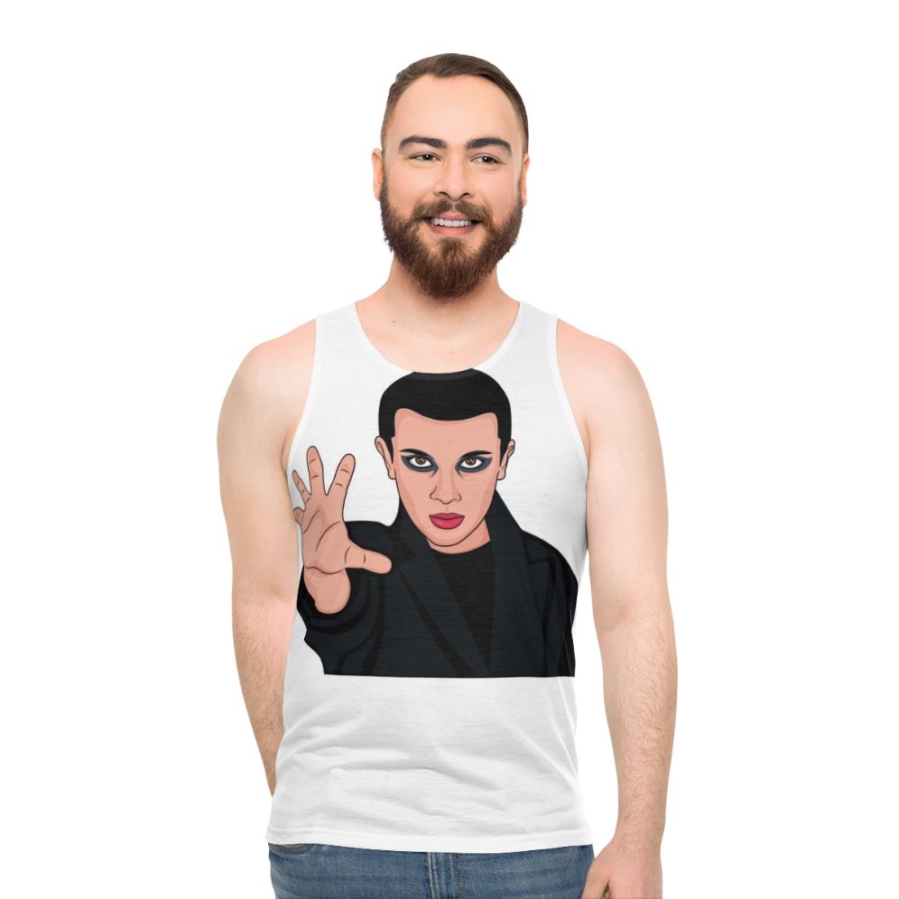 Eleven from Stranger Things wearing a retro-style tank top