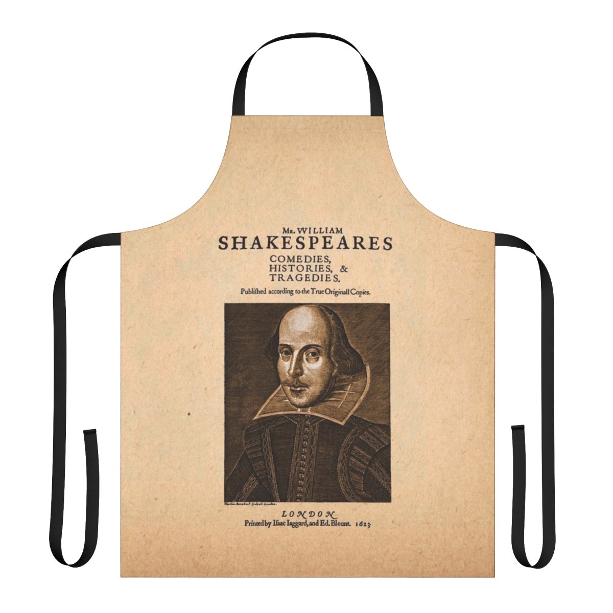 Apron featuring the front piece design from the first collected edition of Shakespeare's plays