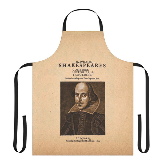 Apron featuring the front piece design from the first collected edition of Shakespeare's plays