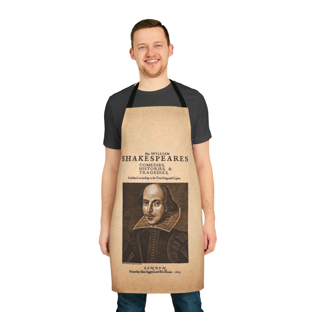 Apron featuring the front piece design from the first collected edition of Shakespeare's plays