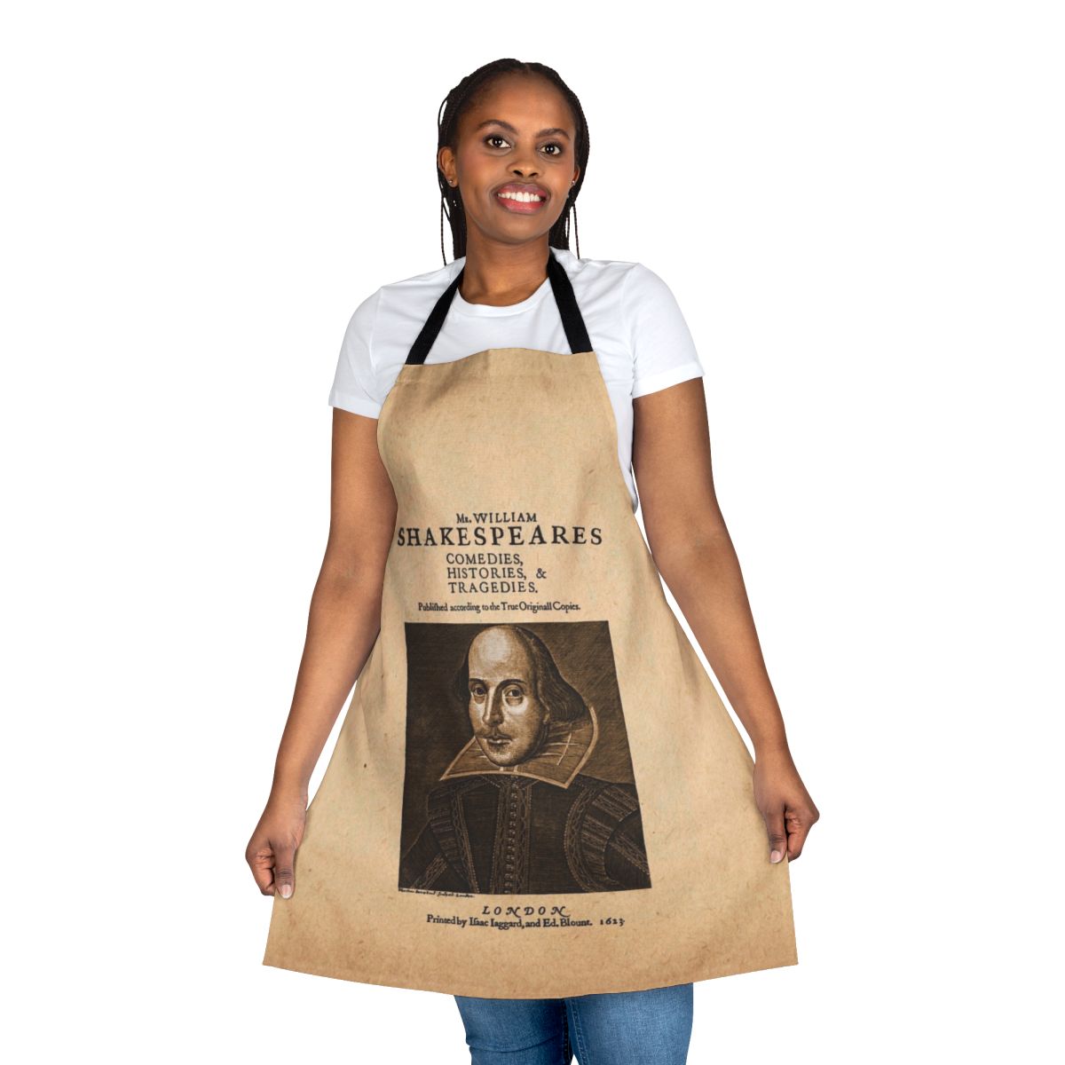 Apron featuring the front piece design from the first collected edition of Shakespeare's plays