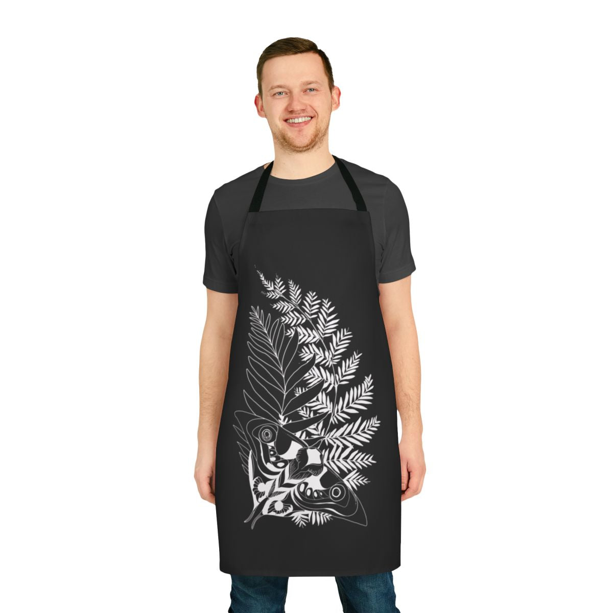 Ellie tattoo inspired apron featuring ferns and a moth design, perfect for fans of The Last of Us video game series