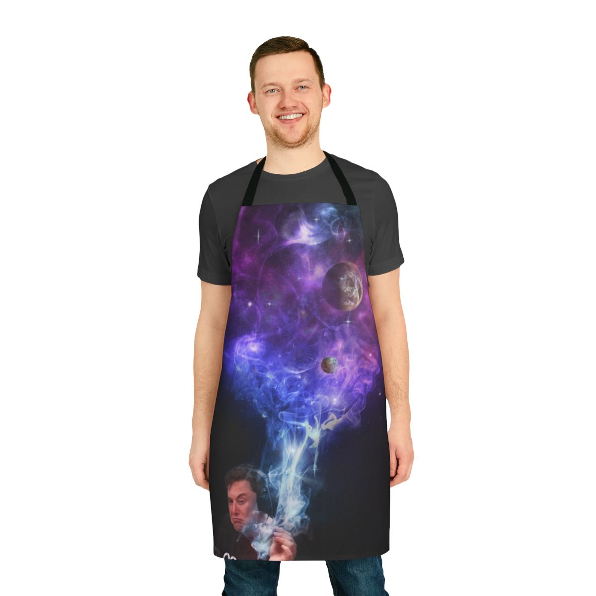 Elon Musk-inspired funny apron with a design featuring smoking imagery