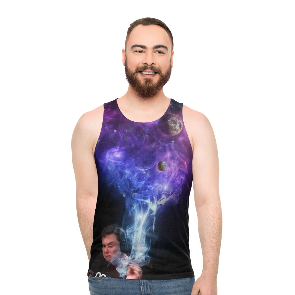 Unisex tank top with Elon Musk smoking the universe design