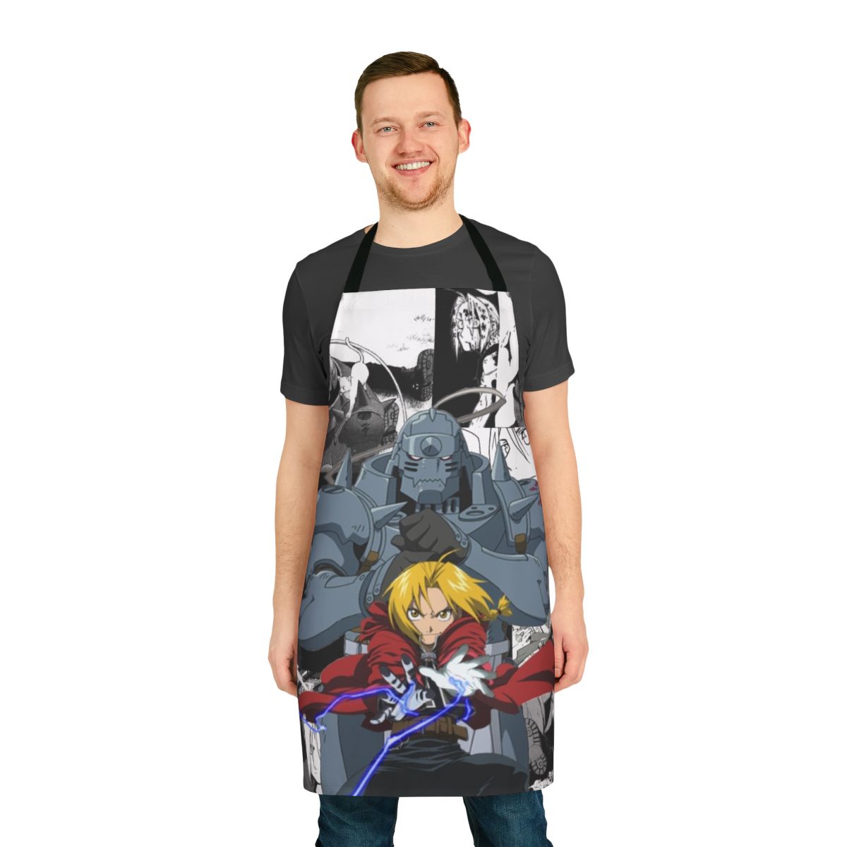 Anime-themed apron featuring characters from the popular manga series "Fullmetal Alchemist"