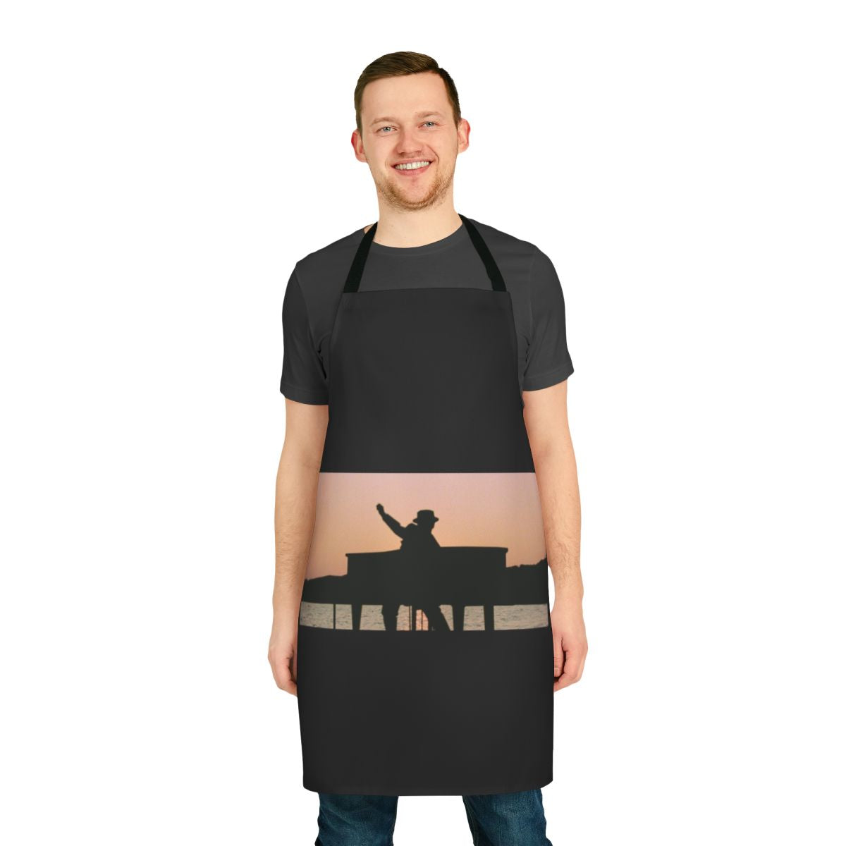 Elton John inspired music apron with piano, rocket man, and crocodile rock design