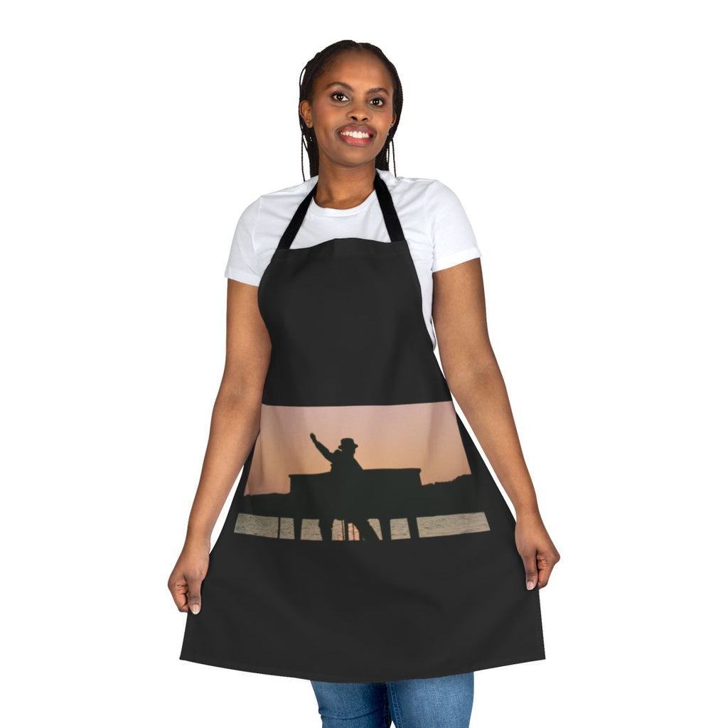 Elton John inspired music apron with piano, rocket man, and crocodile rock design