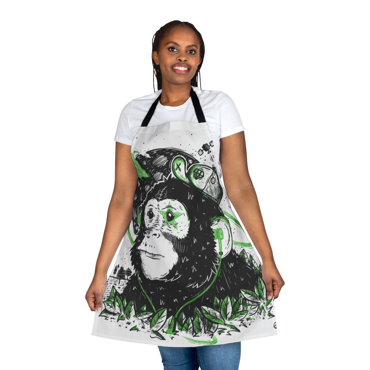 A dream-inspired apron featuring a cosmic, space-themed design