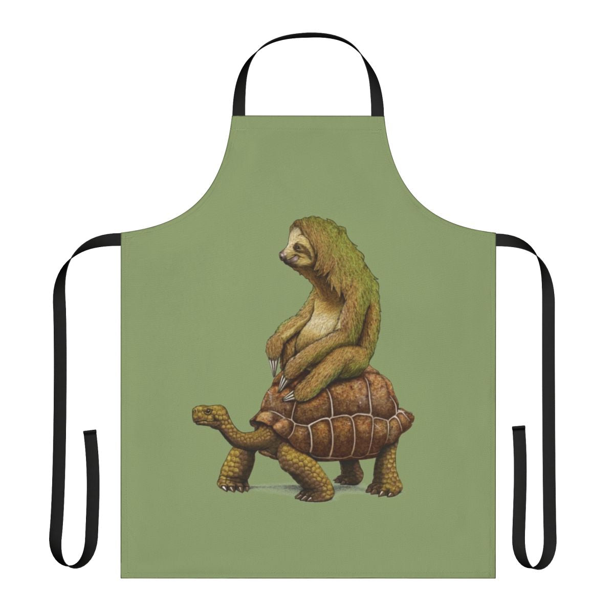 Apron featuring a sloth riding a turtle in an earthy, natural design