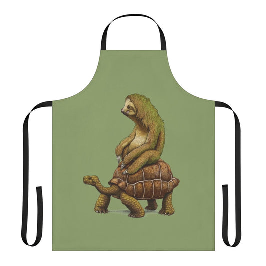 Apron featuring a sloth riding a turtle in an earthy, natural design