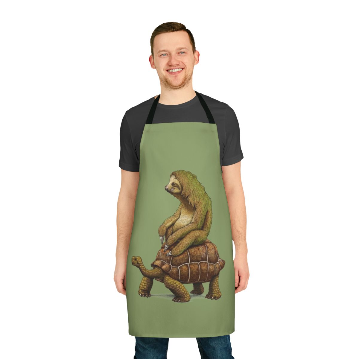 Apron featuring a sloth riding a turtle in an earthy, natural design