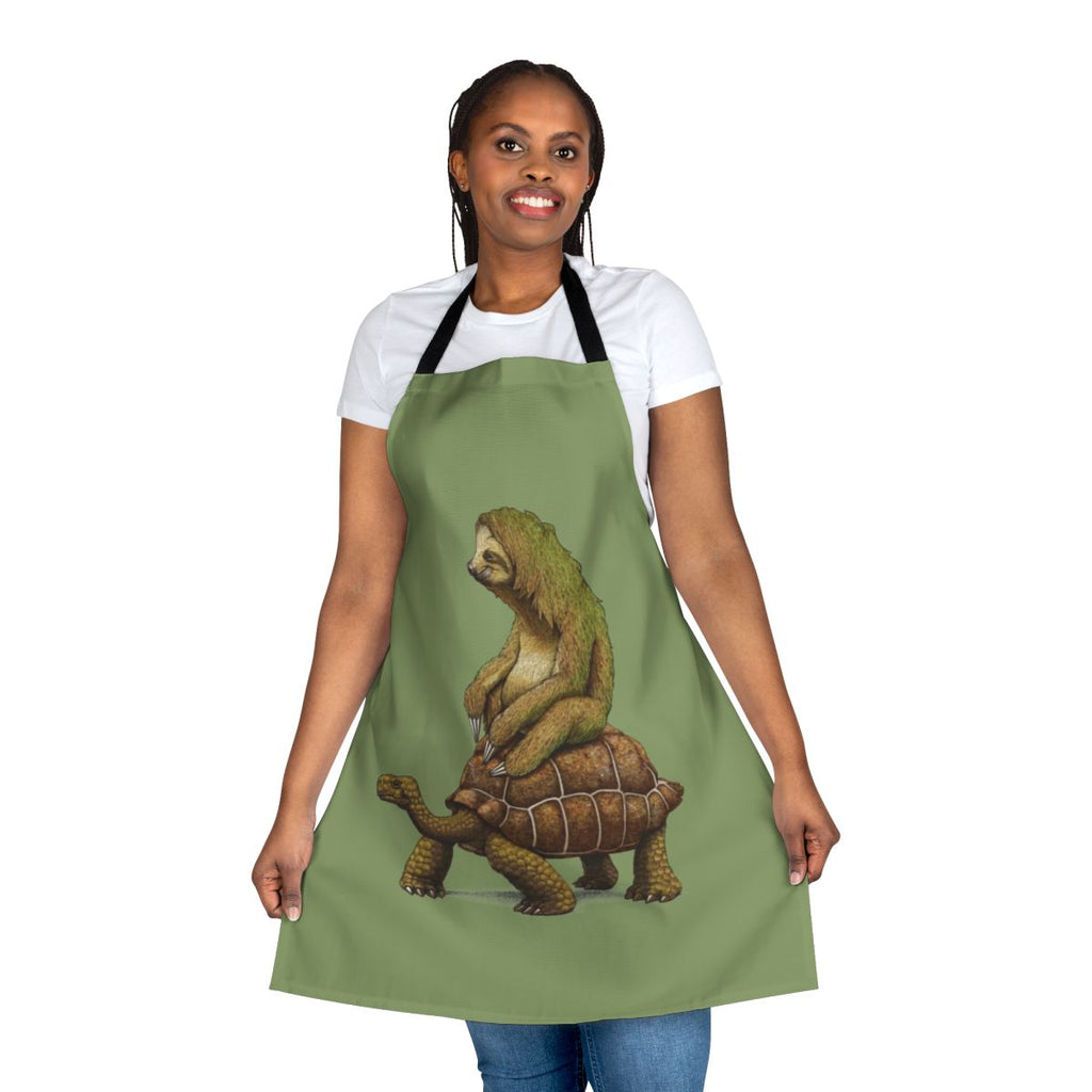 Apron featuring a sloth riding a turtle in an earthy, natural design