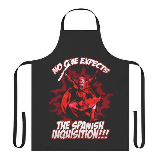 Apron with "No One Expects the Spanish Inquisition" text and Monty Python-inspired design