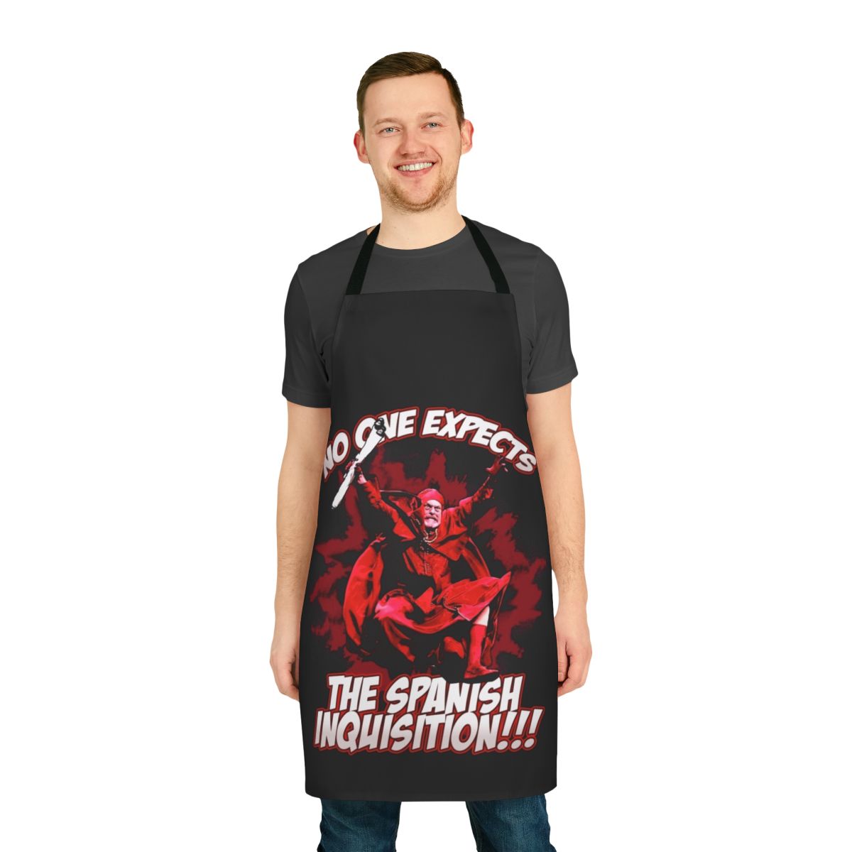 Apron with "No One Expects the Spanish Inquisition" text and Monty Python-inspired design