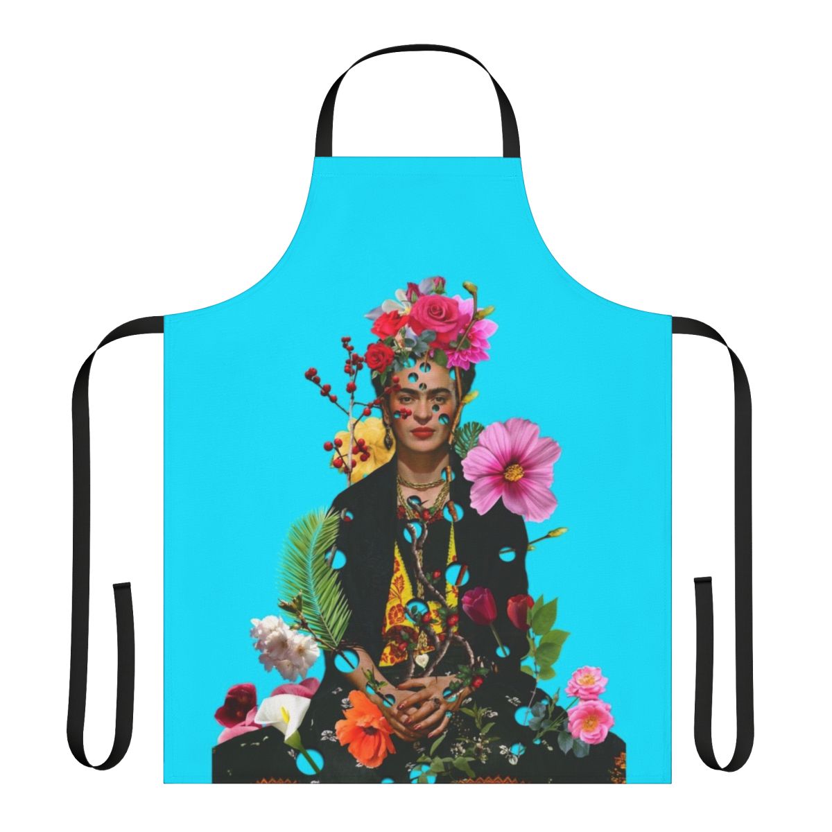 Frida Kahlo-inspired apron featuring a collage of feminist art and empowering imagery