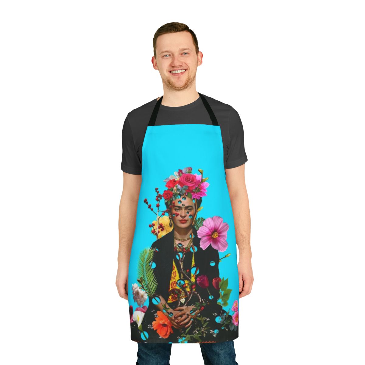 Frida Kahlo-inspired apron featuring a collage of feminist art and empowering imagery