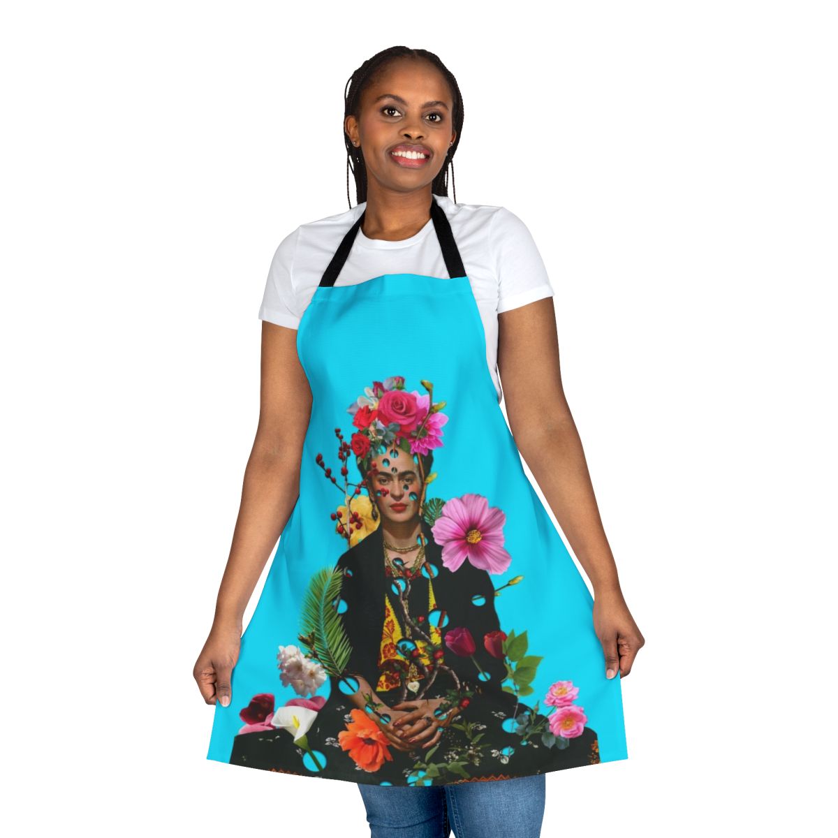 Frida Kahlo-inspired apron featuring a collage of feminist art and empowering imagery