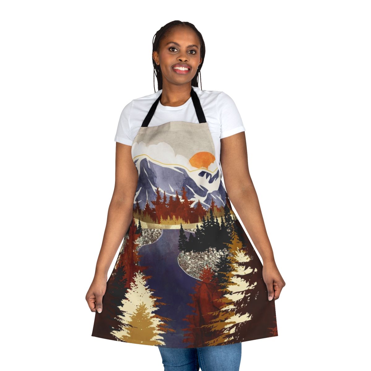 Autumn River Apron - a vibrant nature-inspired design featuring a serene river landscape