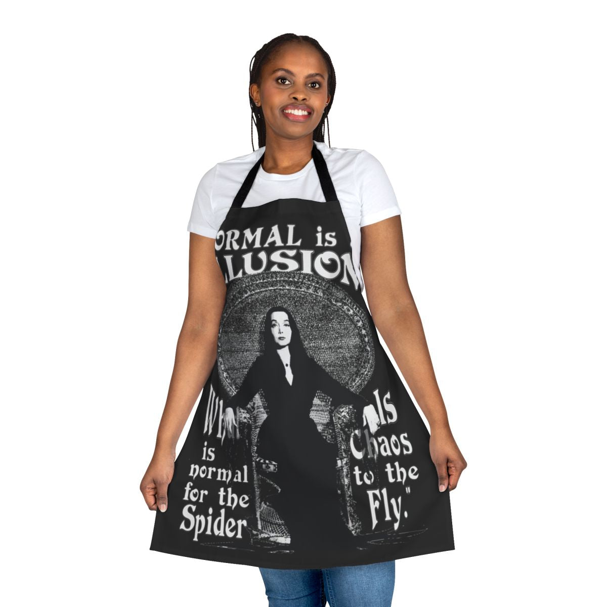 Apron with Morticia Addams quote "Normal is an illusion"