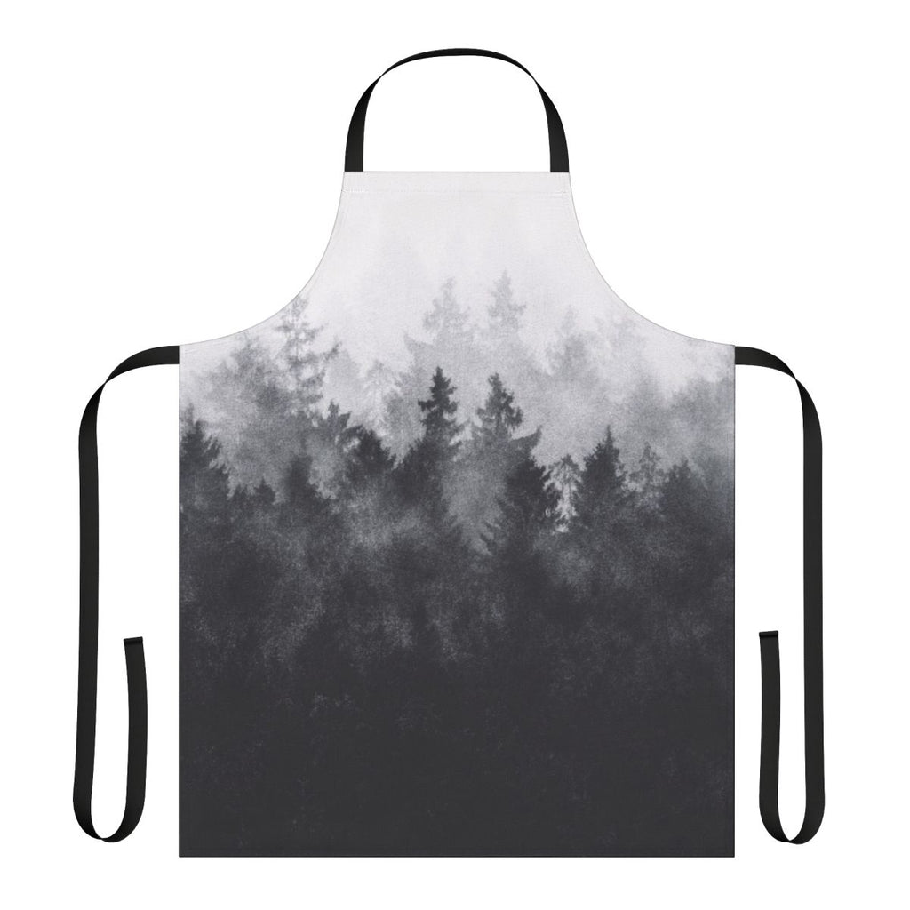 Midwinter blues apron featuring a scenic landscape with trees, fog, and mountains