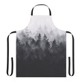 Midwinter blues apron featuring a scenic landscape with trees, fog, and mountains