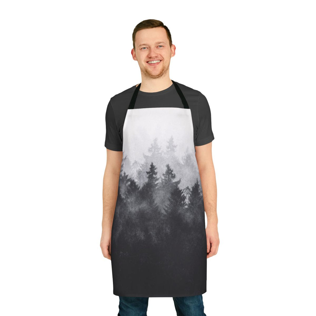 Midwinter blues apron featuring a scenic landscape with trees, fog, and mountains