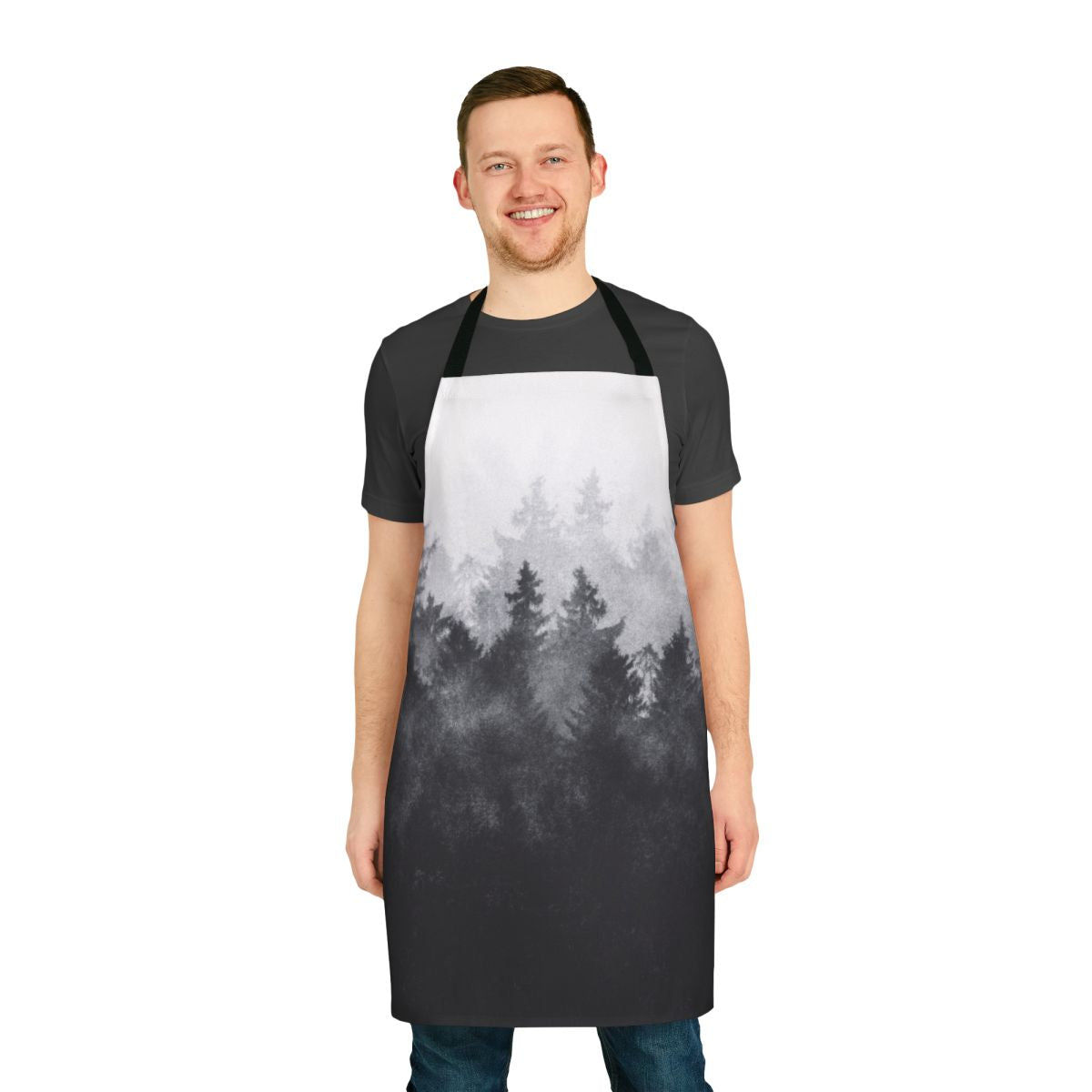 Midwinter blues apron featuring a scenic landscape with trees, fog, and mountains