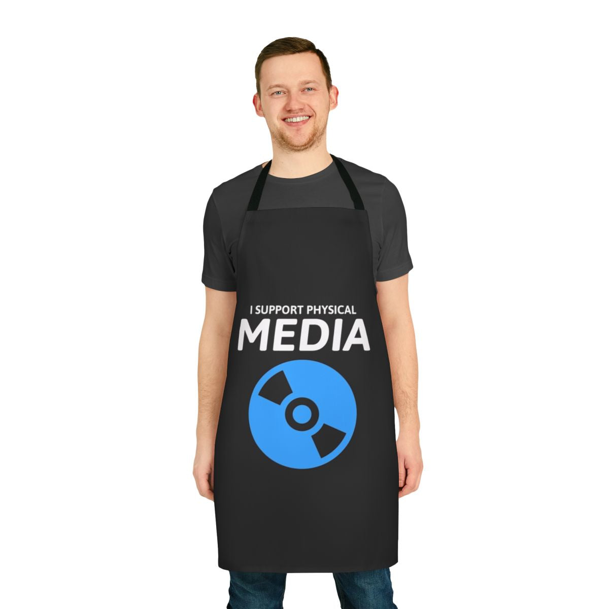 Blu-ray disc inspired apron for movie enthusiasts and physical media fans