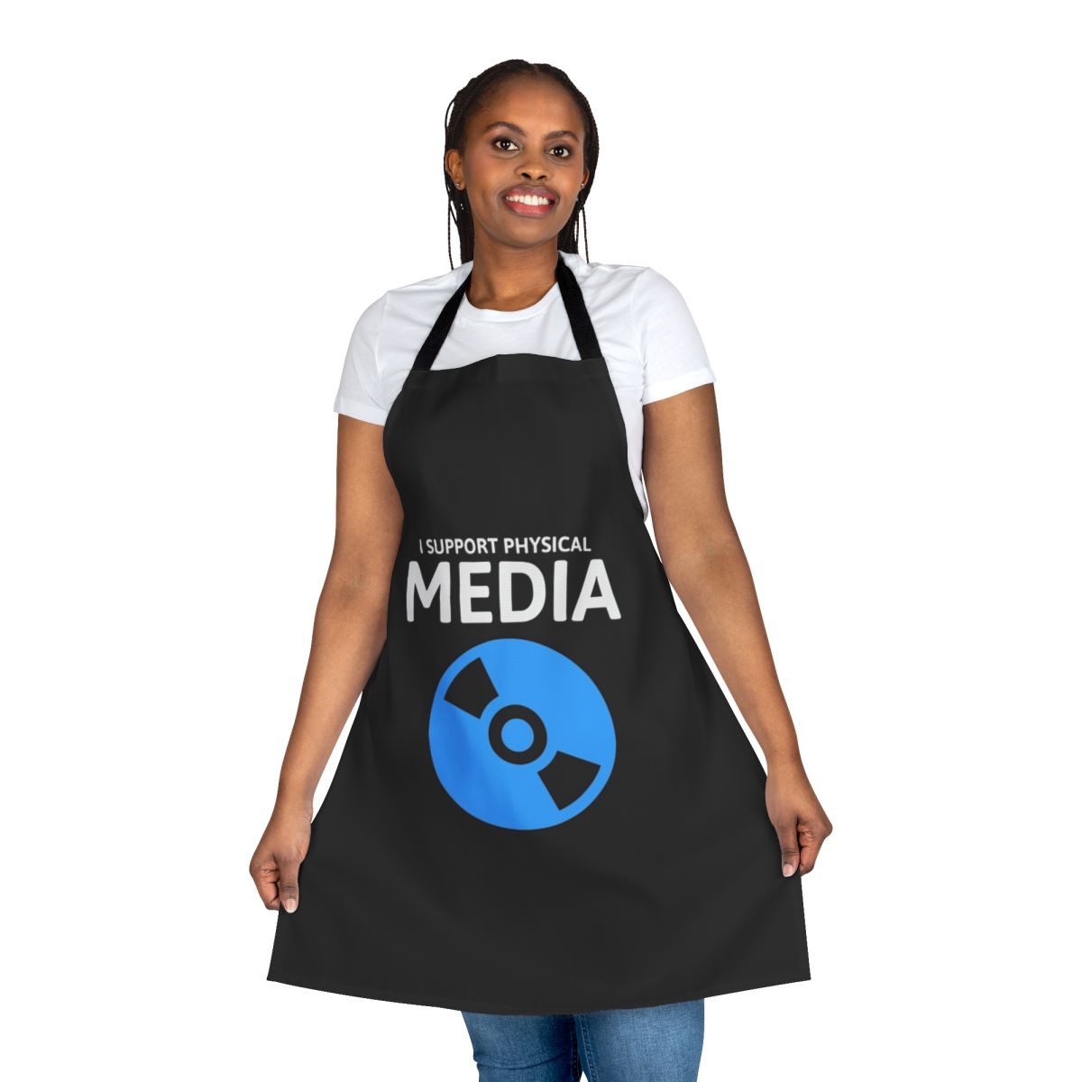 Blu-ray disc inspired apron for movie enthusiasts and physical media fans