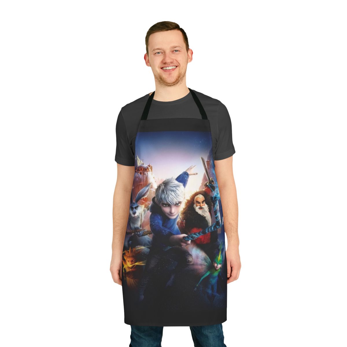 A white and blue apron featuring the character Jack Frost from the movie Rise of the Guardians