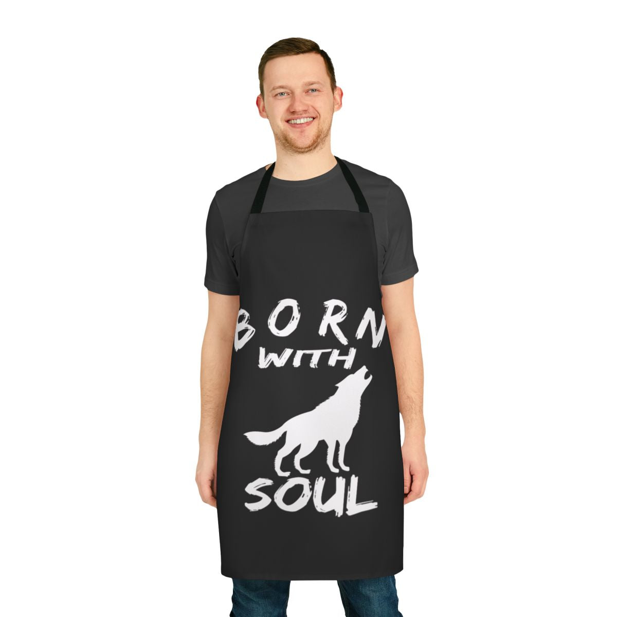 A wolf-themed apron with a bold, tribal-inspired design
